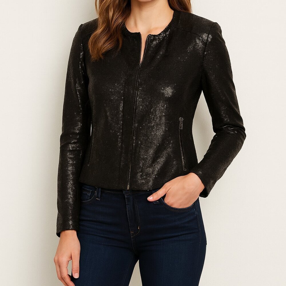 Rebecca Taylor Sequin Blazer Jacket Size 2 Black Cropped Zip Front